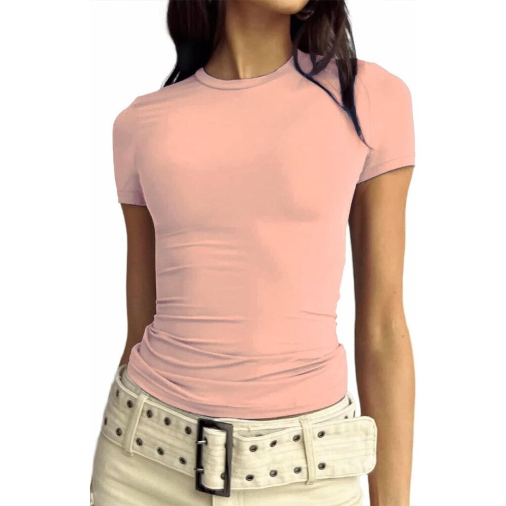 ForeFair Women Basic Fitted Going Out Tops Short Sleeve Solid Slim Crew Neck
